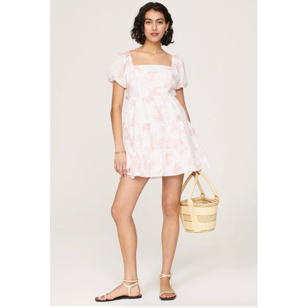 Louna Tiered Floral Mini Dress L Pink Floral White Tie Back Beach Resort Women's